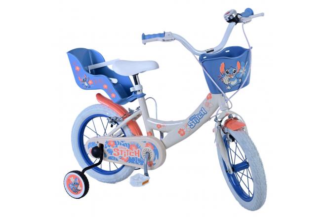 Disney Stitch Kinderfiets - Meisjes - 14 inch - Creme Koraal Blauw - Twee handremmen