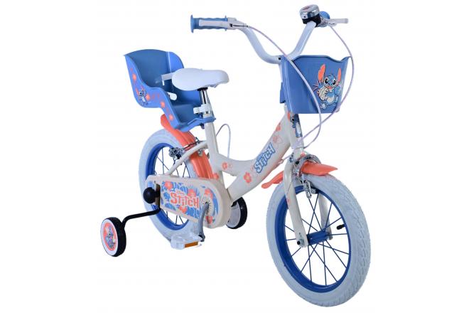 Disney Stitch Kinderfiets - Meisjes - 14 inch - Creme Koraal Blauw - Twee handremmen